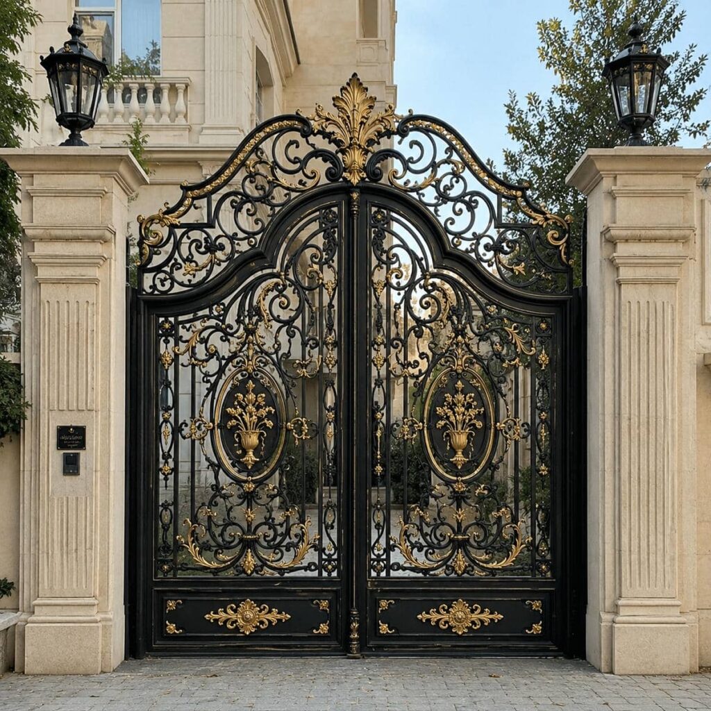 اجرای درب پارکینگ مشکی طلایی هماهنگ با نما در رشت