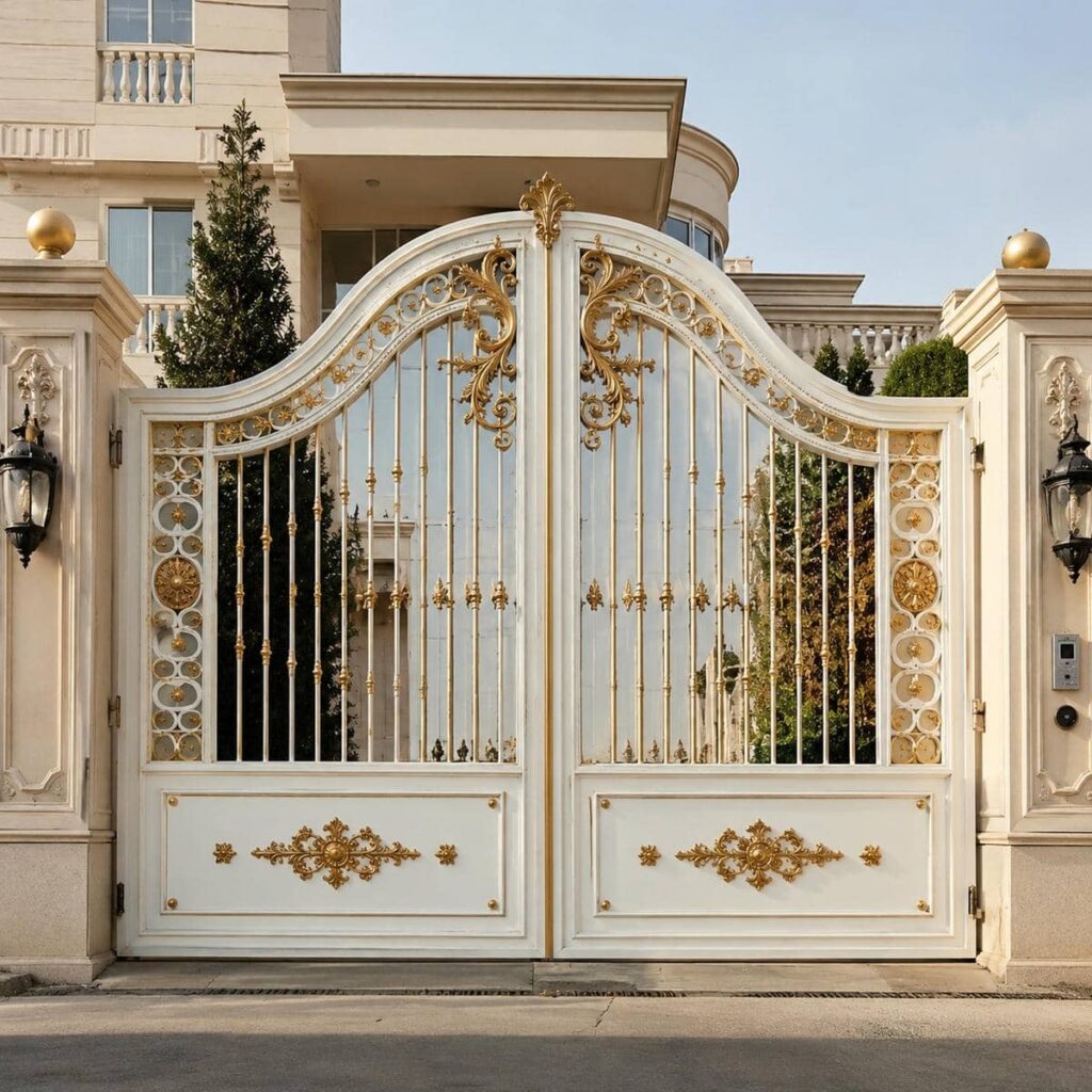 ساخت درب ویلایی سفید طلایی با فرفورژه کلاسیک در رشت