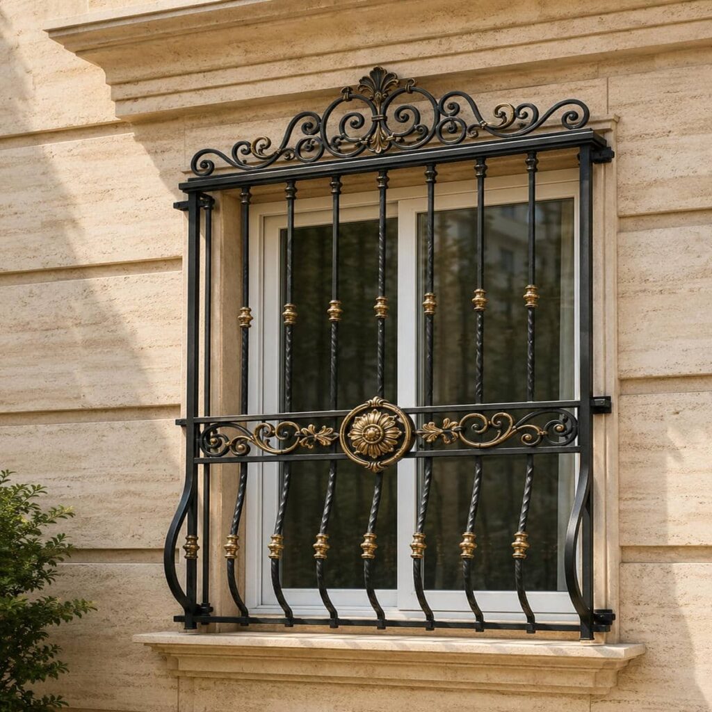 نصب حفاظ پنجره قوسی کتیبه دار روی نمای ساختمان در رشت نصب حفاظ پنجره قوسی کتیبه دار روی نمای ساختمان در رشت