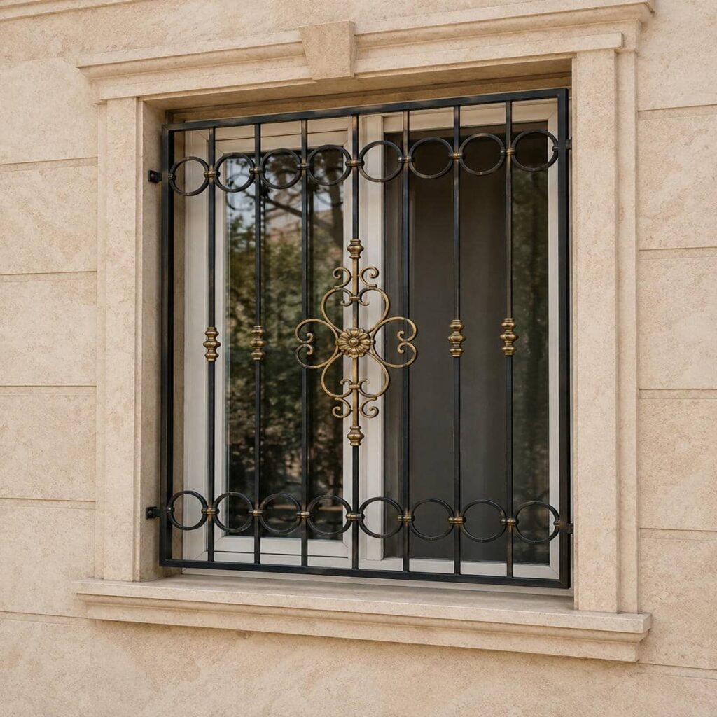 پروفیل حفاظ پنجره مشکی طلایی نما برای پنجره مسکونی در رشت